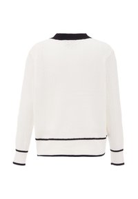 Cardigan bianco lavorato a maglia con un motivo testurizzato, colletto nero e striscia nera a contrasto all'orlo e ai polsini. Maniche lunghe semplici.