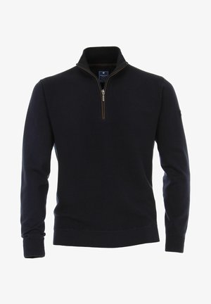 Navy Zip-Hals-Pullover aus strukturiertem Strickstoff. Mit braunem Reißverschlussdetail am Kragen sowie gerippten Bündchen und Saum.
