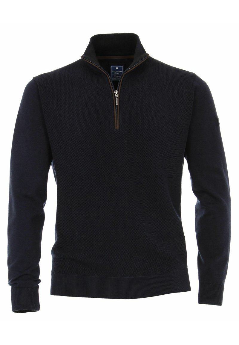 Navy Zip-Hals-Pullover aus strukturiertem Strickstoff. Mit braunem Reißverschlussdetail am Kragen sowie gerippten Bündchen und Saum.