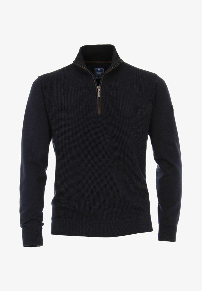 Navy Zip-Hals-Pullover aus strukturiertem Strickstoff. Mit braunem Reißverschlussdetail am Kragen sowie gerippten Bündchen und Saum.