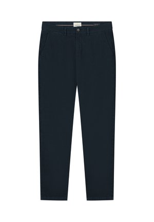 Marineblå chinos laget av bomullsblandingsstoff, med rett passform, beltehemper, to sidelommer og knappelukking foran.