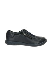 Black leather sneaker with textured upper, round toe, blue laces, side zipper detail, and cushioned, patterned rubber sole.