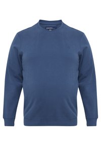 Sudadera azul, cuello redondo, mangas largas, tejido de mezcla de algodón, puños y dobladillo acanalados, pequeño logo en el pecho, textura suave.