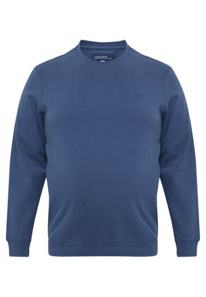 Mėlynas džemperis su apvalia kaklo linija, ilgos rankovės, medvilnės mišinys, raukšlėtos rankogaliai ir apačia, mažas logotipas ant krūtinės, lygus paviršius.