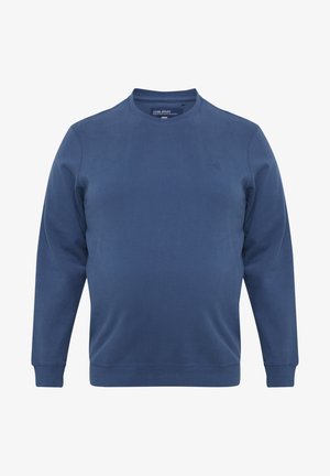 Blauwe sweatshirt, ronde hals, lange mouwen, katoenmix stof, ribgebreide manchetten en onderrand, klein logo op de borst, zachte textuur.