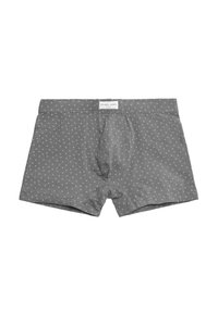 Boxer shorts grises hechos de una tela suave con un patrón de pequeños corazones blancos. Cuentan con una cinturilla cómoda y una abertura central en la parte delantera.