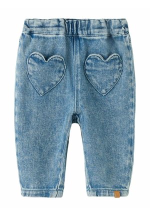 Ljusblå denimbyxor för småbarn med elastiskt midjeband och två hjärtformade bakfickor.
