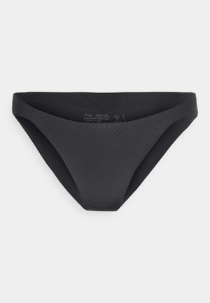 Črne bikini hlače iz gladkega, raztegljivega materiala. Imajo nizko pasnico, minimalno pokrivanje in subtilne teksturne detajle po celotni površini.