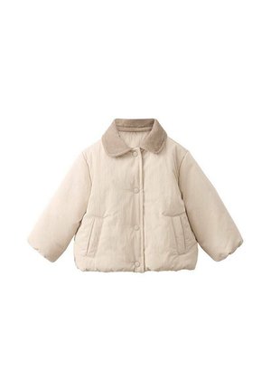 Veste rembourrée beige avec un col en velours côtelé, dotée de deux poches avant et d'une fermeture bouton, conçue pour la chaleur et le confort.
