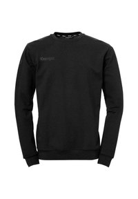Zwarte sweatshirt gemaakt van zachte stof, met een ronde halslijn, lange mouwen, geribbelde manchetten en een klein bedrukt logo op de voorkant.