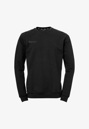 Black sweatshirt made from soft fabric, featuring a round neckline, long sleeves, ribbed cuffs, and a small printed logo on the front.