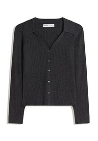 Dunkelgrauer, gerippter Cardigan mit V-Ausschnitt, langen Ärmeln und fünf Knöpfen. Weiche Textur und taillierte Passform.