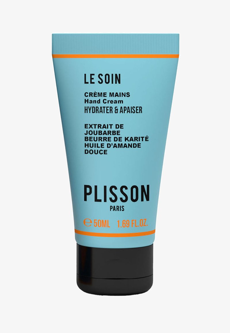 Handcremetube, 50ml, pastellblaues Design mit schwarzer Schrift. Mit orangefarbener Akzentband. Der Text hebt die Inhaltsstoffe und Anwendung hervor.