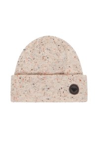 Beige Strickmütze mit geripptem Bündchen, versehen mit mehrfarbigen Sprenkeln in Orange und Schwarz, und einem schwarzen Logopatch am Bündchen.