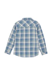 Geverfd langslippend overhemd met blauw, groen en witte ruitpatronen. Gemaakt van een lichtgewicht stof met een standaard kraag en knoopmanchetten.