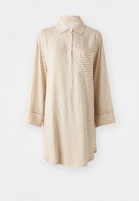 Beige Hemd mit Kragen, drei Viertelärmeln und einem dezenten geometrischen Muster. Es hat eine frontale Tasche und eine Knopfleiste.