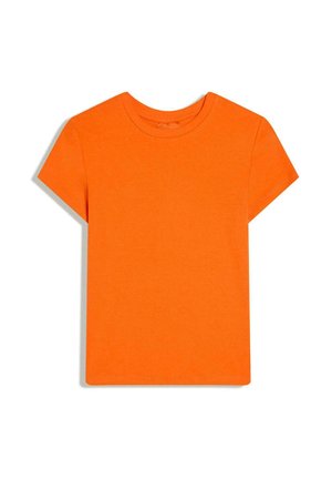 T-shirt orange unie à manches courtes et col rond, posé à plat sur un fond blanc.
