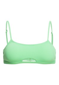 Bikini top v mátové zelené barvě s tenkými ramínky a texturovaným povrchem. Má výřezový detail vpředu a minimalistický design.