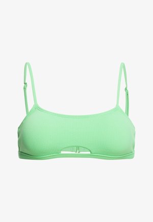 Mintgroene bikini-top met dunne banden en een gestructureerd oppervlak. Heeft een uitsnijding aan de voorkant en een minimalistisch ontwerp.