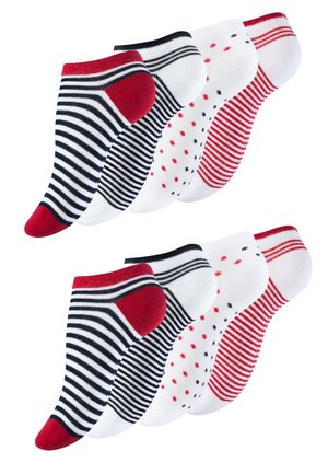 Ensemble de six chaussettes de cheville en mélange de coton. Comprend des rayures rouge et marine, du blanc avec des pois rouges et du blanc avec des rayures rouges.