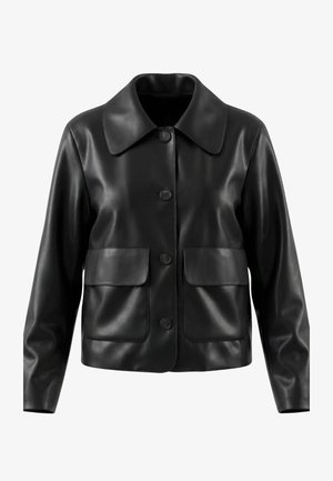 Zwarte jas van nep leer met brede kraag, knoopsluiting aan de voorkant, lange mouwen en twee grote voorzakken met klep.