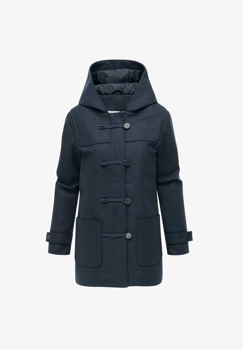 Navy wool coat with a hood, button closures, and two front pockets. Features a textured fabric and a tapered silhouette.