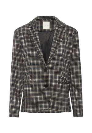 Plaid blazer in navy and cream, featuring a notched lapel, two buttons, and a fitted design with a single front pocket.