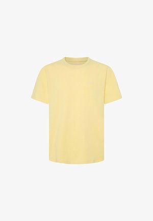 Geel katoenen T-shirt met een ronde hals, korte mouwen en een subtiele merklogo op de borst. Eenvoudig ontwerp, zachte textuur.