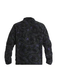 Schwarzer Fleece-Pullover mit einem wirbelnden grünen und lila Muster, ausgestattet mit einem Halbzipp-Kragen und langen Ärmeln. Weicher, strukturierter Stoff.