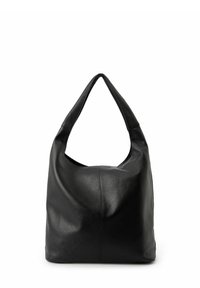 Borsa hobo in pelle nera con una singola tracolla curva. Superficie morbida e texturizzata, design morbido senza parti metalliche o dettagli visibili.