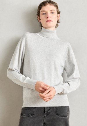Pullover grigio chiaro a collo alto realizzato in tessuto morbido, con maniche lunghe, polsini a costine e un design aderente. Abbinato a jeans scuri.