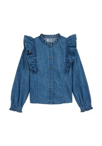 Denimskjorta med volangärmar och knappslå framtill. Har en mjuk textur och en klassisk blå färg, stylad med samlade manschetter.