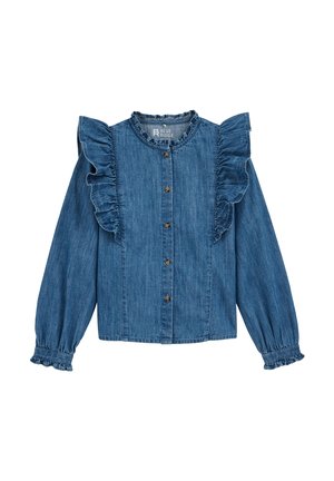 Jeanshemd mit Rüschenschößen und einer durchgehenden Knopfleiste. Es hat eine weiche Textur und eine klassische blaue Farbe, gestylt mit gerafften Säumen.