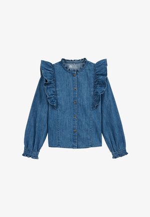 Denimskjorte med volangærmer og knaplukning foran. Har en blød tekstur og en klassisk blå farve, stylet med indsamlede manchetter.