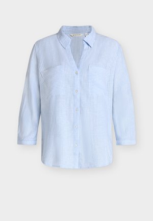 Light blue, long-sleeve button-up shirt with thin white vertical stripes and two front chest pockets.