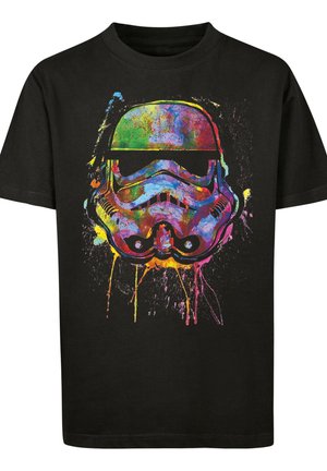 Schwarzes T-Shirt mit farbenfrohem, gesprenkeltem Farbdesign eines Stormtrooper-Helms aus Star Wars auf der Vorderseite.