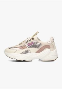 Chunky sneakers featuring cream, pink, and metallic accents. Textured leather upper with tonal overlays and a thick white rubber sole.