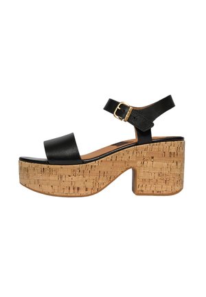 Black platform sandals with a cork block heel, featuring a wide front strap and ankle strap secured by a gold-toned buckle.