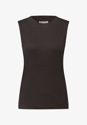 Ciemnobrązowy top bez rękawów wykonany z prążkowanej tkaniny, z okrągłym dekoltem. Prosty design bez dodatkowych wzorów ani elementów metalowych.