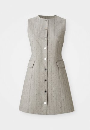 Sleeveless gray dress with vertical stripes, round neckline, front button closure, two side pockets, and a fitted silhouette.