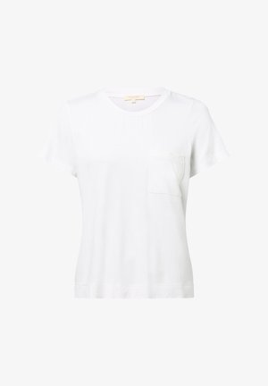 Biała koszulka z krótkim rękawem, wykonana z bawełny, z okrągłym dekoltem i kieszonką na lewym boku. Klasyczny krój i gładka tekstura.