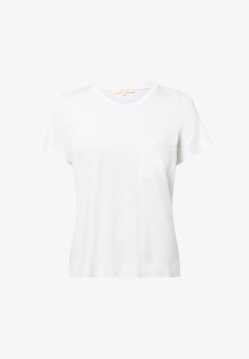 Biała koszulka z krótkim rękawem, wykonana z bawełny, z okrągłym dekoltem i kieszonką na lewym boku. Klasyczny krój i gładka tekstura.