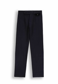 Granatowe spodnie o prostym kroju nogawek, z zapięciem na guziki, szlufkami na pasek i bocznymi kieszeniami. Wykonane z gładkiej, trwałej tkaniny.