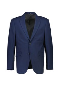 Blazer azul marino con cierre de dos botones, solapas con muesca y dos bolsillos frontales. Tejido suave con un forro interior elegante.