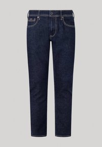 Mörkblå denimjeans med rak benmodell, utrustade med kopparfärgade detaljer, fem fickor och kontrasterande sömmar.