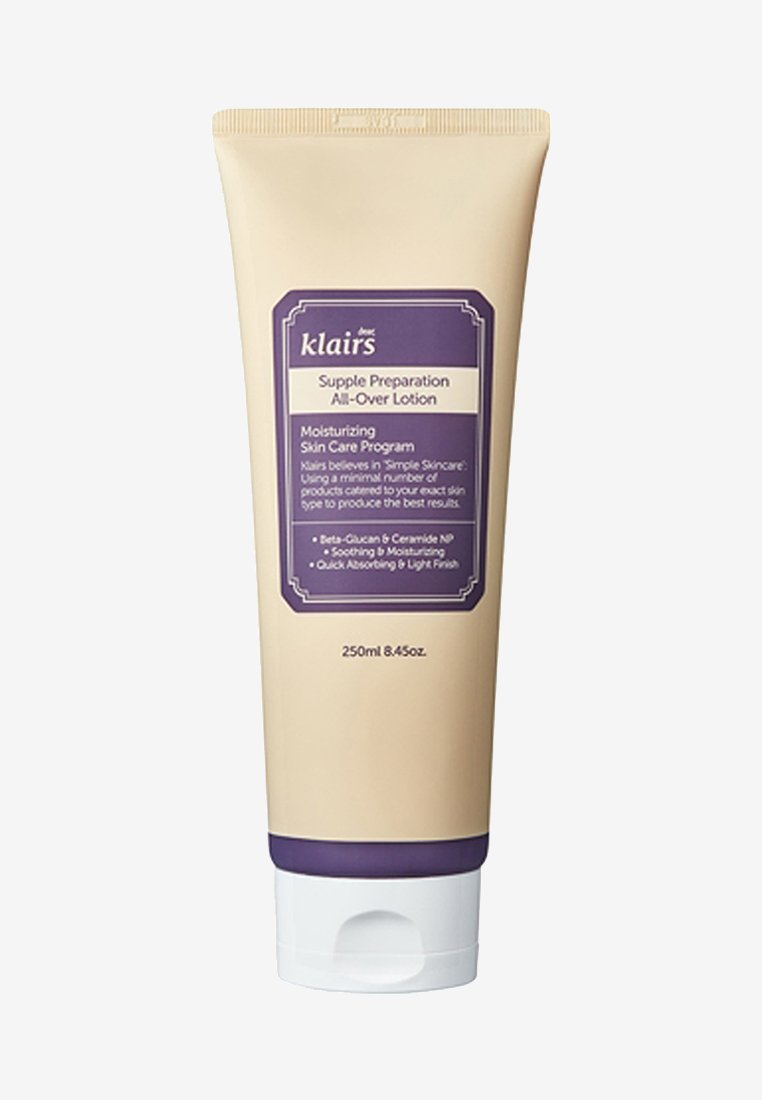 Klavirs Supple Preparation Lotion in a beige tube with a purple label, 250ml size, features a flip-top cap and informational text design.