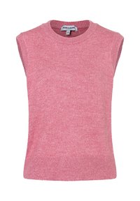 Ärmelloser Pullover in sanftem Rosa, mit geripptem Rundhalskragen, strukturiertem Strickstoff und lockerer Passform, mit gerader Saum.