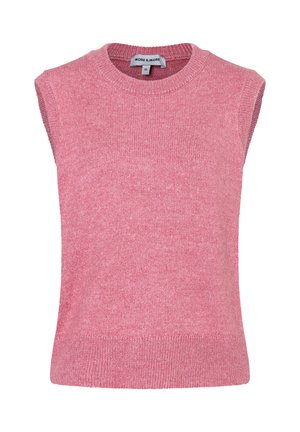 Ärmelloser Pullover in sanftem Rosa, mit geripptem Rundhalskragen, strukturiertem Strickstoff und lockerer Passform, mit gerader Saum.