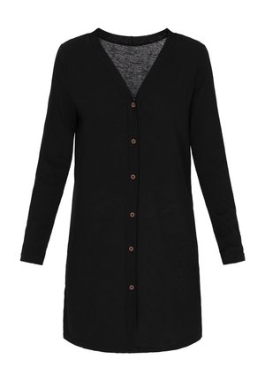 Zwarte lange mouwen cardigan met een V-halslijn, voorzien van een knoopsluiting en bruine knopen, gemaakt van een zachte, gestructureerde stof, met een gebogen zoom.