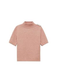 Maglioncino rosa a maniche corte in maglia con colletto a costine e tre bottoni argentati sulla spalla sinistra.